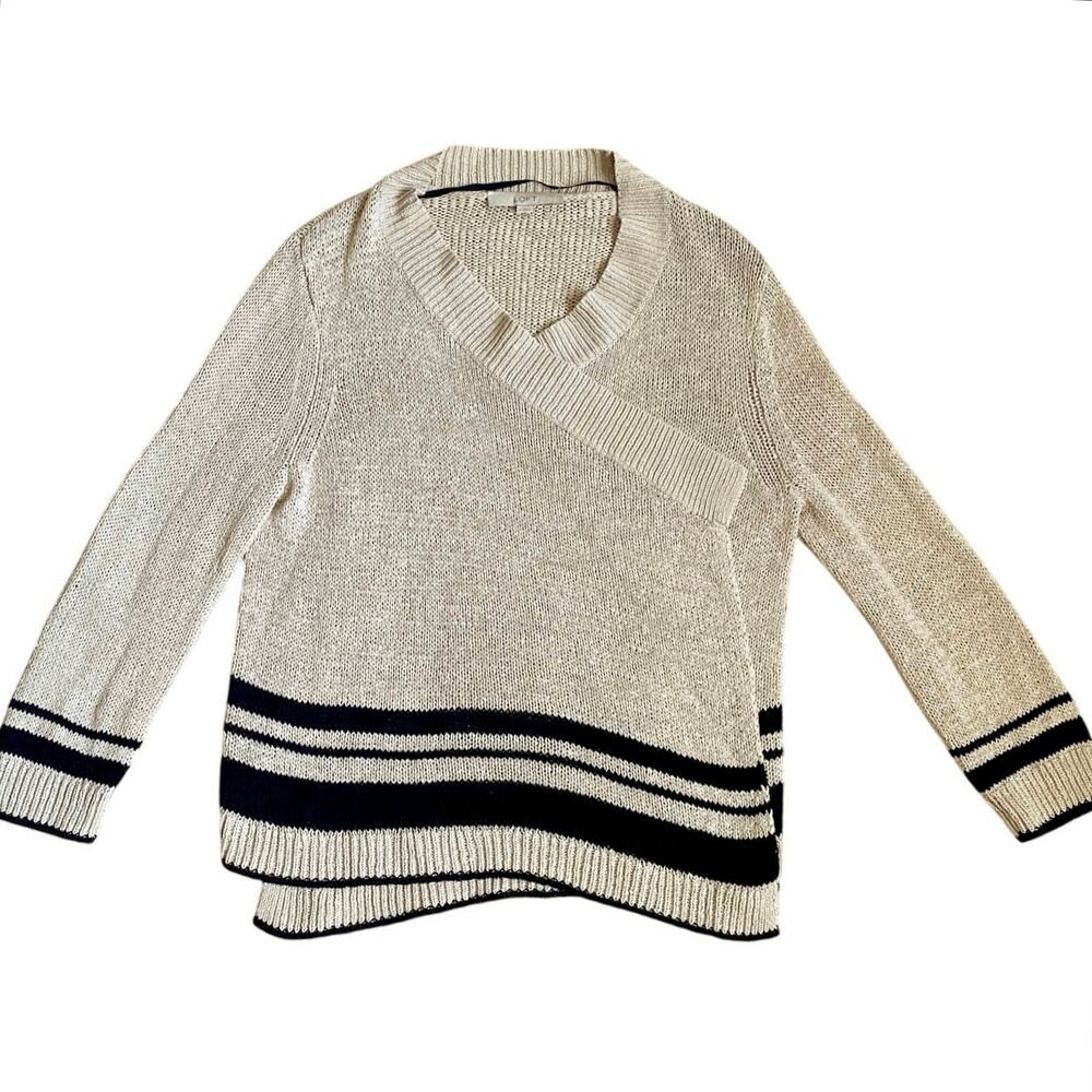 LOFT ANN TAYLOR Linen Blend Loose Knit Striped Open Cardigan Sweater L Tan Black - Picture 3 of 8